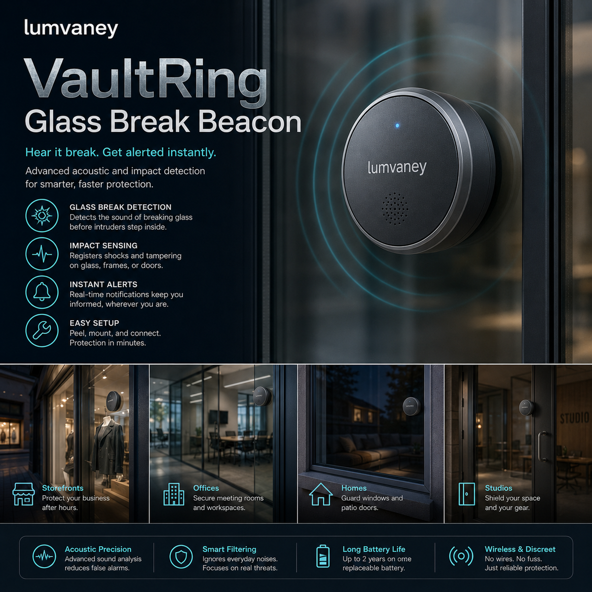 Lumvaney™ VaultRing Glass Break Beacon